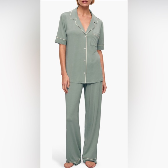 Eberjey Gisele Short Sleeve Pant Pajamas in Eucalyptus/ Ivory, small brand new - Picture 1 of 5